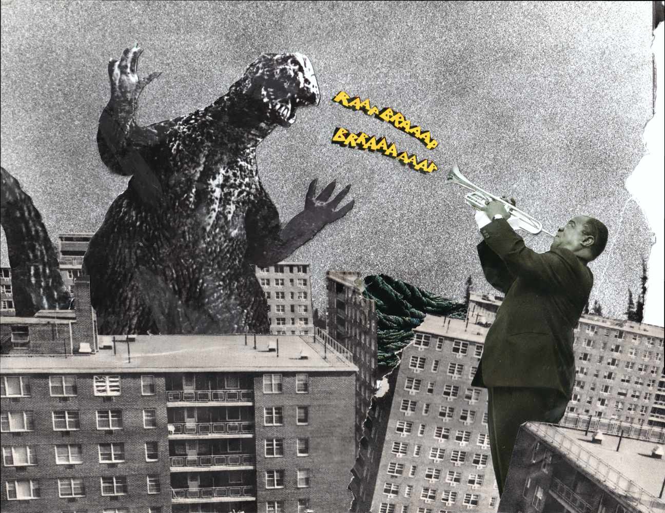 Godzilla vs. Louis analog collage.